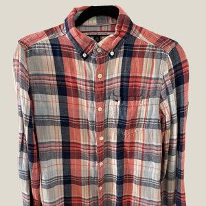 SALE XS TOMMY HILFIGER ORANGE NAVY WHITE PLAID FLANNEL WOVEN SHIRT